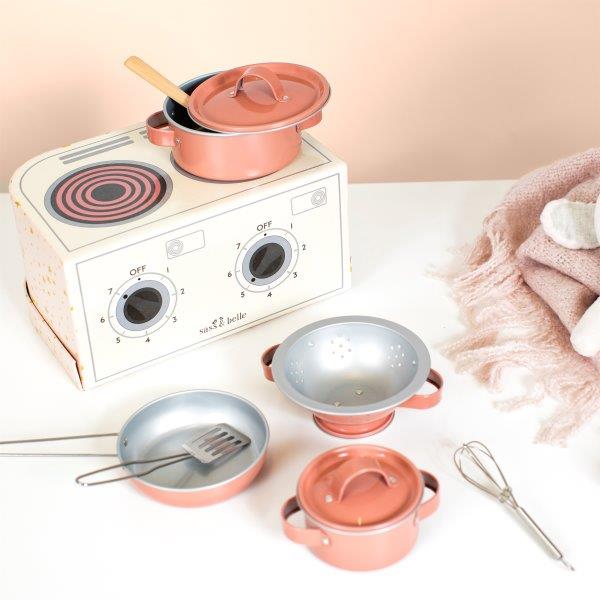 Toy Tin Cooking Set with Pots, Pans and Utensils - Pretend Play - Sass & Belle
