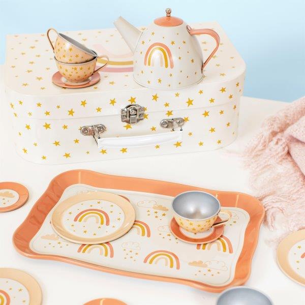 Toy Tin Tea Set with Tea Pot, Cups, Saucers and Tray - Pretend Play - Sass & Belle