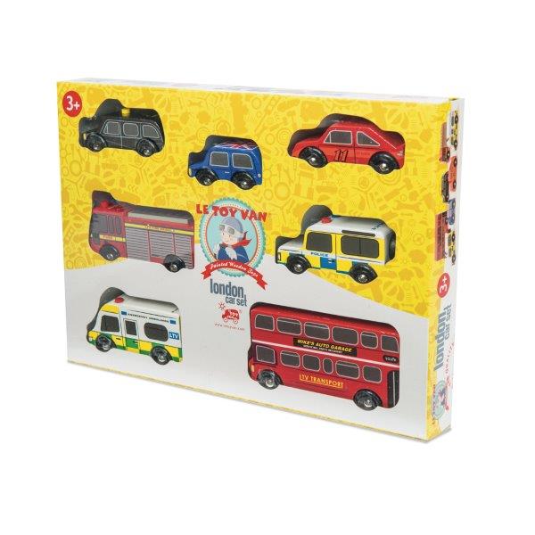 Wooden Toys Cars - London Bus, Classic Mini, Black Cab, Fire Engine, Ambulance Police Van and Sports Car