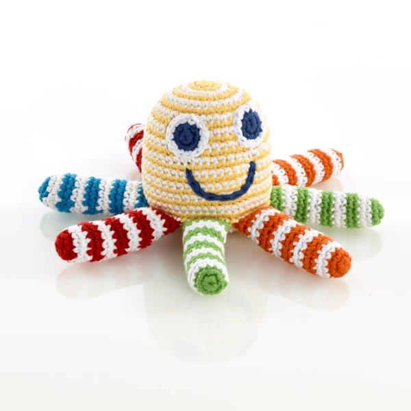 Rainbow Crochet Octopus Soft Toy and Baby Rattle - Best Years Soft Toys