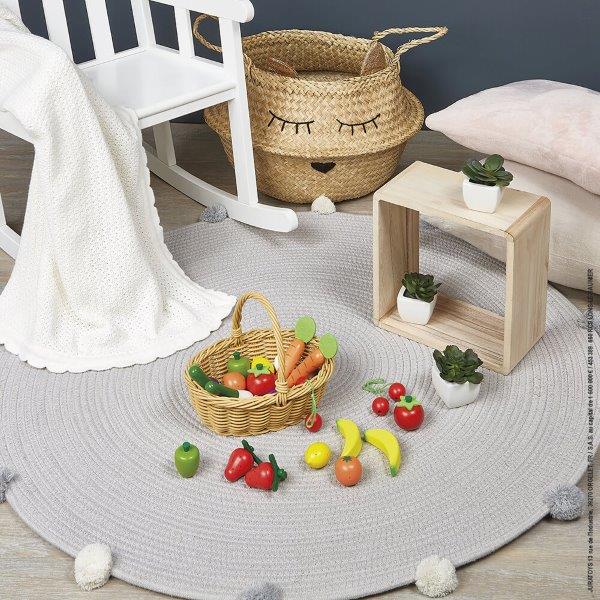Fruit & Vegetable Play Food Set with Wicker Basket - Janod Toy Grocery Set for Play Shopping