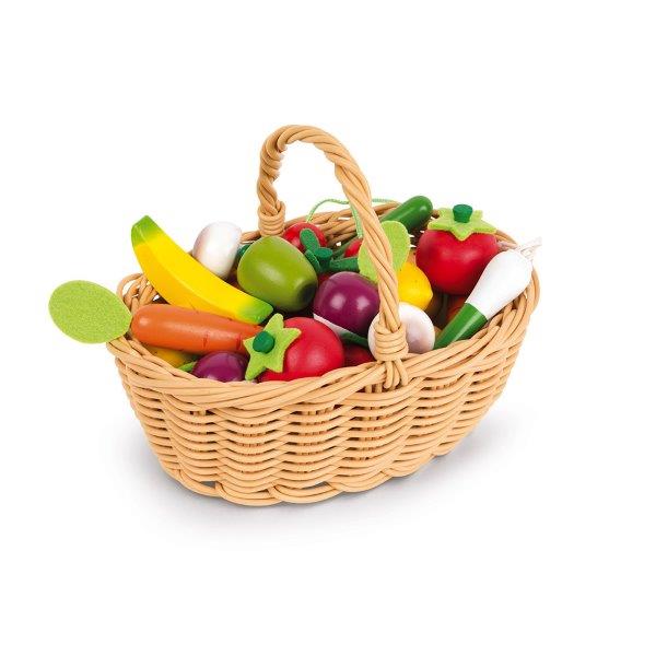 Fruit & Vegetable Play Food Set with Wicker Basket - Janod Toy Grocery Set for Play Shopping