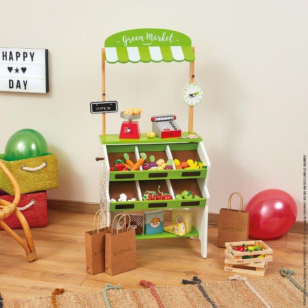 Green Market Grocery Market Stall - Janod Wooden Market Stall - Toy Market - Pretend Market - Play Market