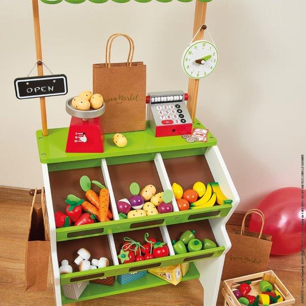 Green Market Grocery Market Stall - Janod Wooden Market Stall - Toy Market - Pretend Market - Play Market
