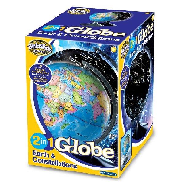 2 in 1 Globe for Children - Earth and Constellations - Glow in the Dark Children's World Globe - Brainstorm
