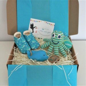 Baby Boy Gift Box - Inch Blue Shoes, Tikiri Teether, Pebble Crochet Octopus - Ebb & Flow Kids