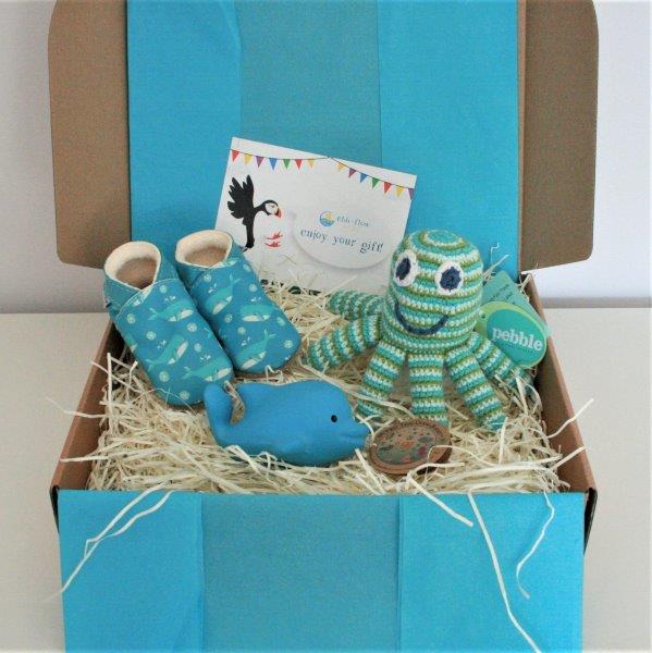 Baby Boy Gift Box - Inch Blue Shoes, Tikiri Teether, Pebble Crochet Octopus - Ebb & Flow Kids