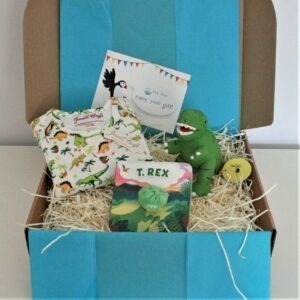 Dinosaur Baby Gift Box - Powell Craft Baby Grow, Best Years Teether, T-Rex Finger Puppet Book - Ebb & Flow Kids