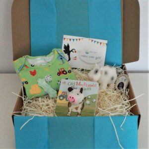 Farm House Baby Gift Box - Powell Craft Baby Grow, Tikiri Teether, Finger Puppet Book - Ebb & Flows Kids