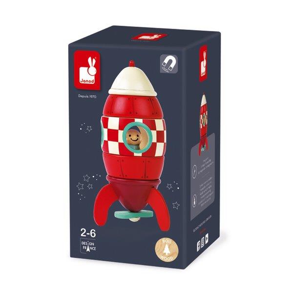 Magnetic Wooden Rocket Toy for Children - Red - Janod Toys- Children's Wooden Magnetic Rocket