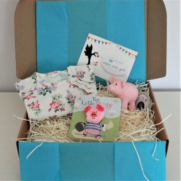 Rose Baby Gift Box - Powell Craft Baby Grow, Tikiri Teether, Finger Puppet Book - Ebb & Flow Kids