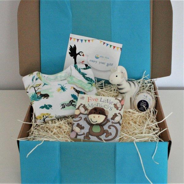 Safari Baby Gift Box - Powell Craft Baby Grow, Tikiri Teether, Finger Puppet Book - Ebb & Flow Kids