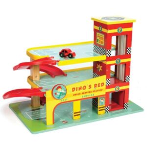 Dino's Red Toy Garage - Le Toy Van - Wooden Toy Car Garage for Children