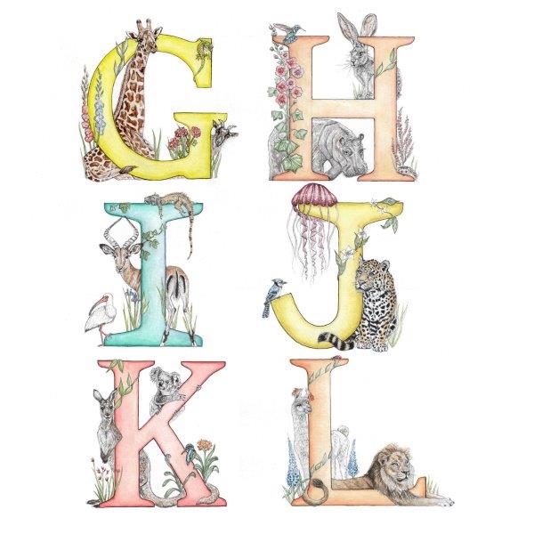 Alphabet letter G to L with each letter thought out, hand drawn and painted by Kathryn Pow. A perfect new baby gift.