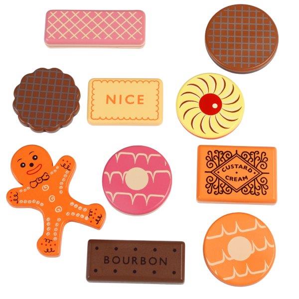 Toy biscuit set of custard cream, bourbon, Nice, jammy dodger, ices biscuits, chocolate bicuits, pink wafer, and gingerbread man. Perfect wooden play food.