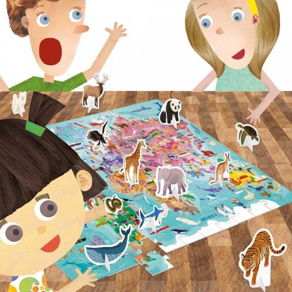 Children's Map of the World Jigsaw Puzzle with 3d Animals Figures, Age 5 -10 Years