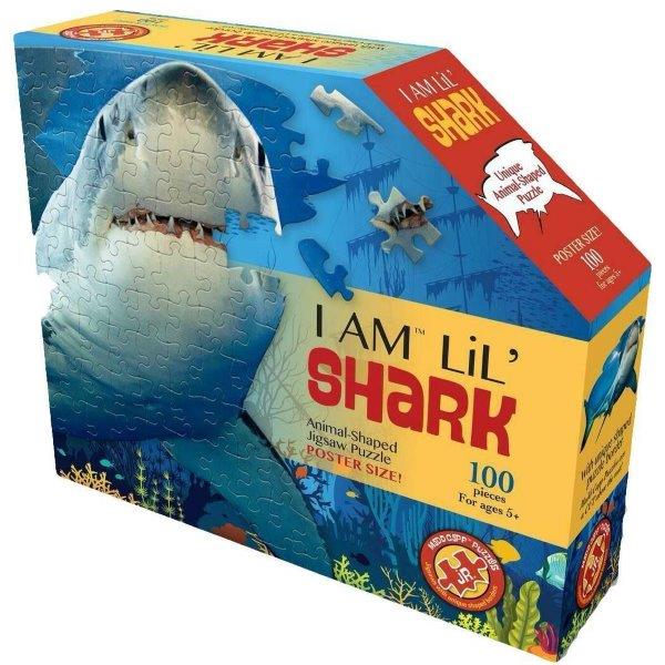 Front of the colourful box for I Am LiL' Shark jigsaw puzzle for kids who love learning about ocean life and Great White Sharks