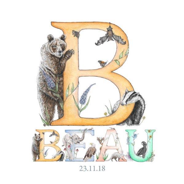 An example of the boys name Beau for our personalised name art with date of birth. This name art is Giclee print on high quality water-colour paper.