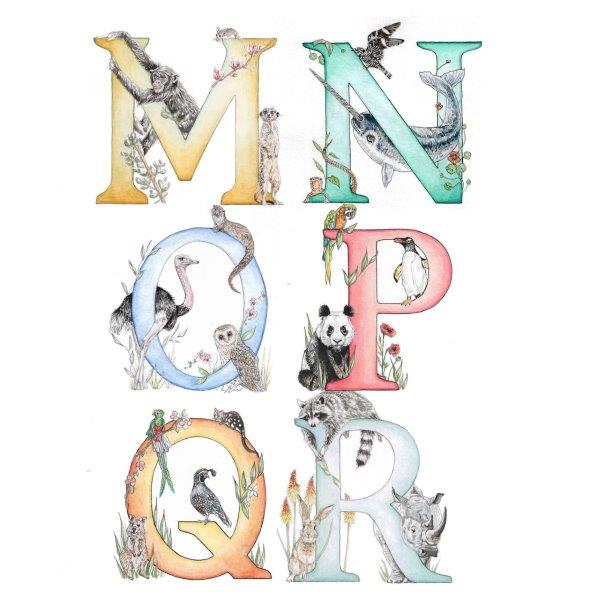 Illustrations of the letters M to R in the alphabet with beautiful wild animals and plants which all start with the same letter.