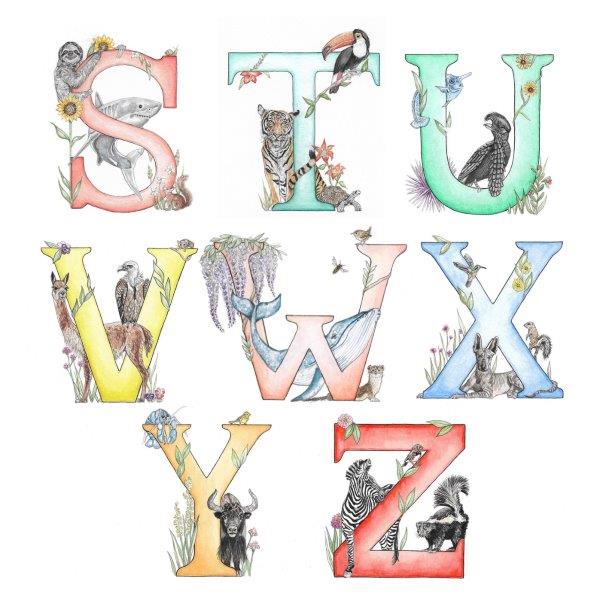 The last alphabet letters S to Z for custom name art. All letters feature plants and wild animals starting with the same letter. Perfect custom prints for children's rooms