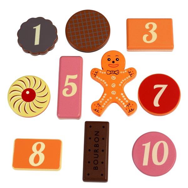 A mix of toy biscuits for kids in a wooden box with the numbers 1-10 on the reverse. Perfect toy play food for children.