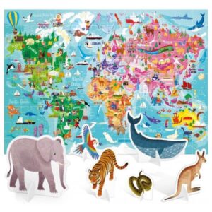 World Map Jigsaw for Children with 3d Animals by Headu Ages 5 to 10 years and 108 Pieces