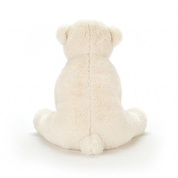Peery Polar Bear by Jellycat sitting with his back turned. This cuddly soft toy bear for children is a great choice for a Christmas gift