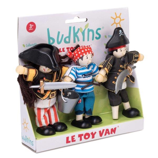 3 pirate toys in a gift set with a captain and crew mates, all with clothes and accessories