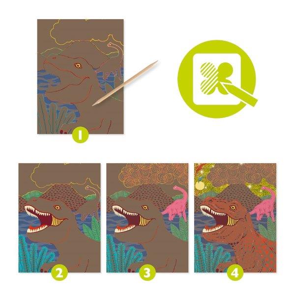 Use the scratching tool provided to reveal dinosaurs in their habitat with a mix of colours.