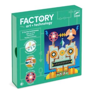 Light up robot cards from Djeco art and technology factory. Electric circuit art for children, combining art and technology.