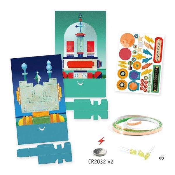 Everything you need to make electric circuit robot art with adhesive conductor, LED's and battery.