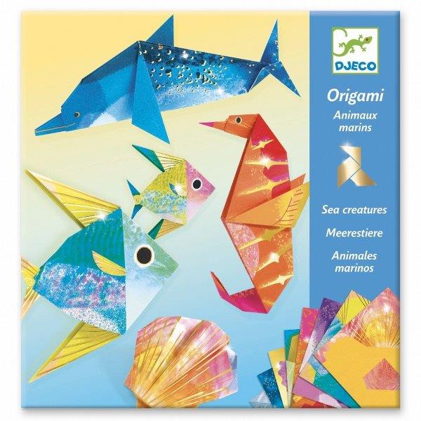 Origami sea creature set for children age 7-10 year from Djeco. The set includes 23 shimmering origami sheets and instructions to make 4 sea creatures.