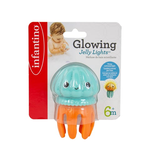 A glowing jellyfish bath toy for age 4 months plus. This jellyfish bath toy lights up when you put it in the bath.