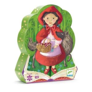 A traditional children's jigsaw pepicting 3 keys scenes from the fairy tale Little Red Riding Hood.