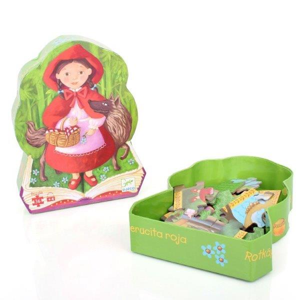 The shaped box which the 36-piece children's jigsaw puzzle Little Red Riding Hood comes in.
