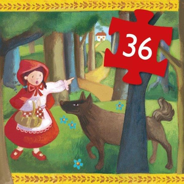 A 36-piece puzzle for children age 4 plus, with images from the Little Red Riding Hood fairy tale.