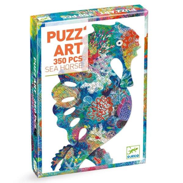 A traditional, children's jigsaw puzzle from Djeco in the shape of a sea horse with no corners or straight edges.