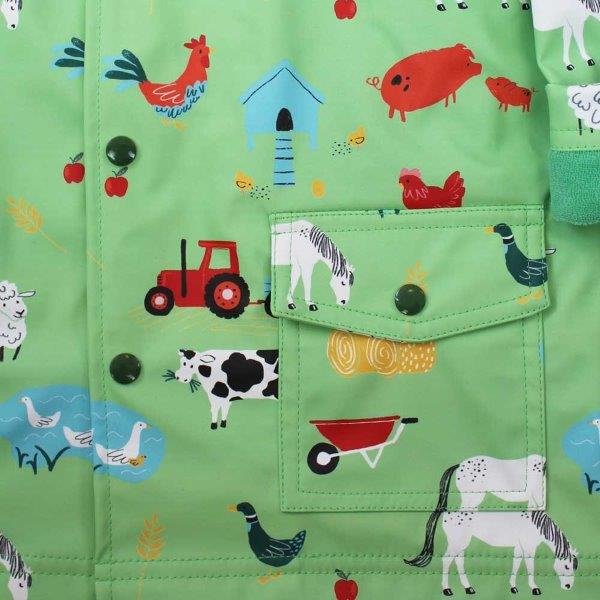 Close up of Powell Craft's Farmyard Raincoat. Buy online with Ebb & Flow Kids.
