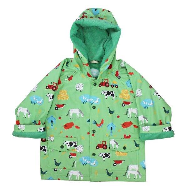 Close up of Powell Craft's Farmyard Raincoat. Buy online with Ebb & Flow Kids.