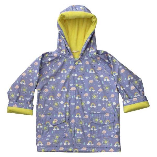 Little girl wearing our sunshine design raincoat by Powell Craft. Shop online with Ebb & Flow Kids